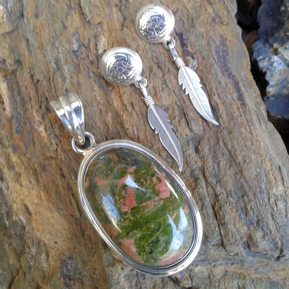 Sterling Silver Unakite Pendant and earrings SET - Picture 6 of 7